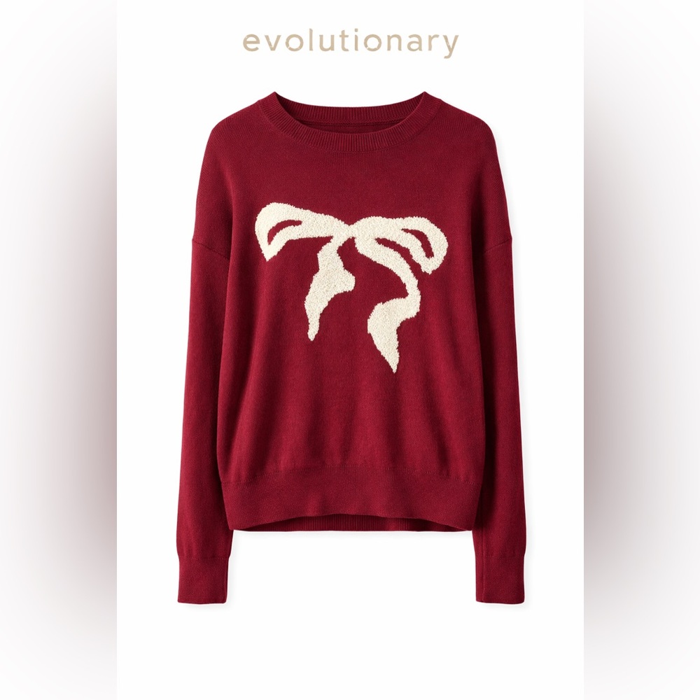 Revolution Red Crewneck Sweater with Cream Bow Motif